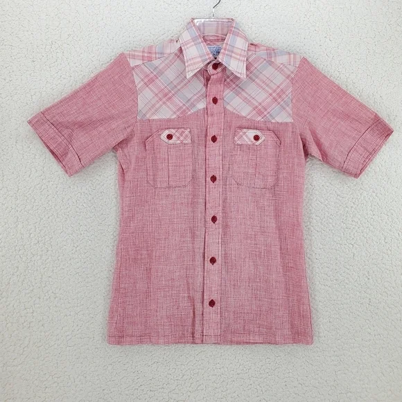 Vtg 60s Shirt Men S 14 14.5 Button Up SS Solid Plaid Western H.I.S. 2 Pocket - Picture 11 of 13